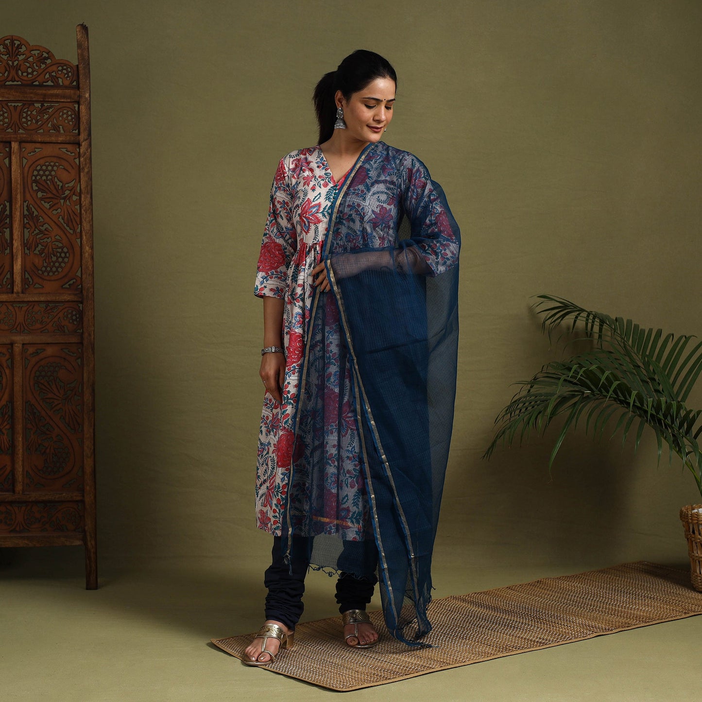 Red Block Print Cotton Sanganeri Kurta Set (Set of 3)