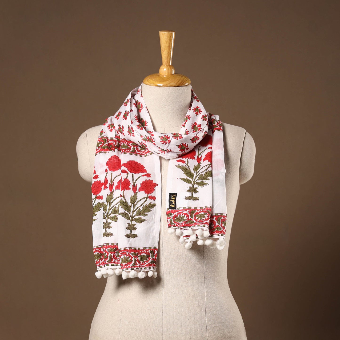 Red - cotton sanganeri stole with pom 30 - handcrafted