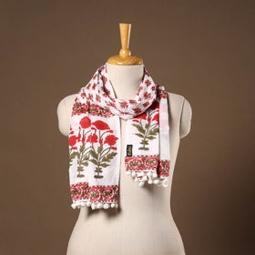 Red - cotton sanganeri stole with pom 30 - handcrafted