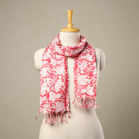 Red - cotton sanganeri stole with tassels 131 - handcrafted