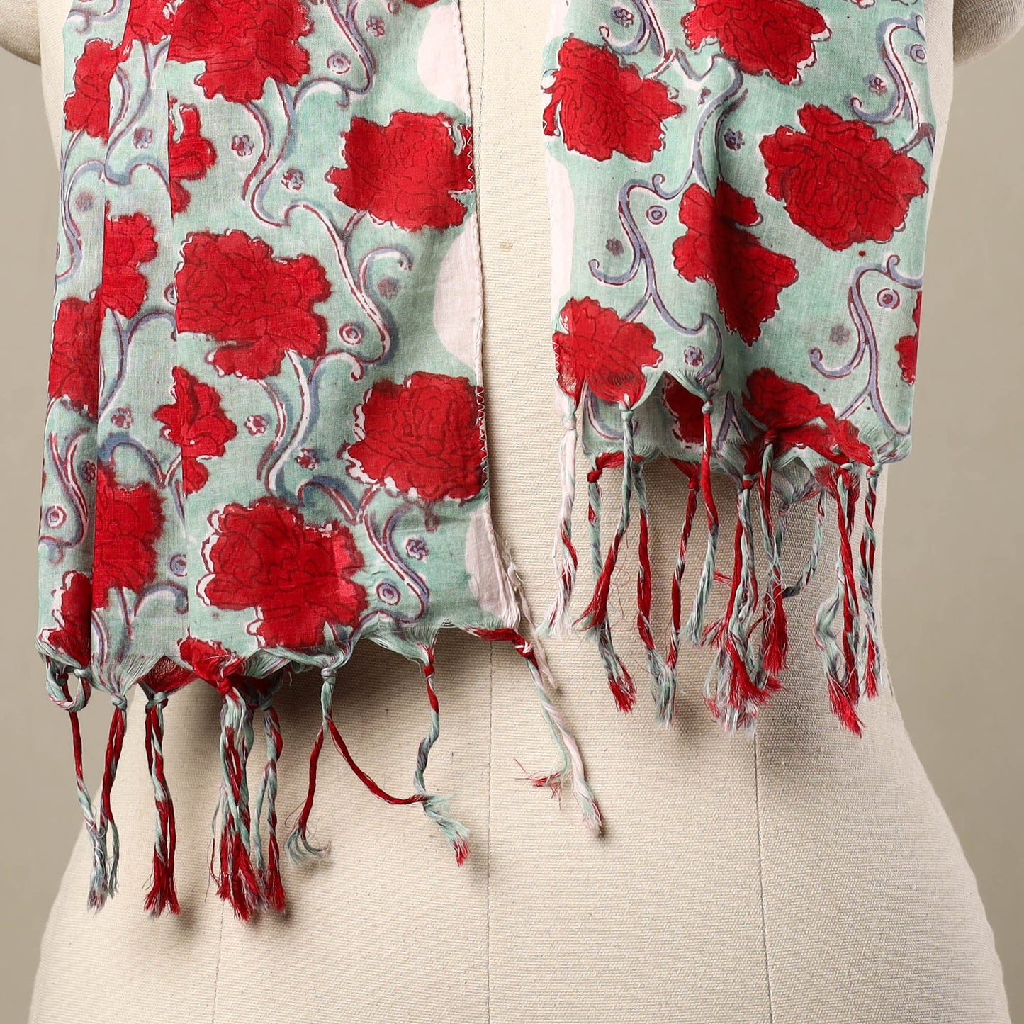 Red - cotton sanganeri stole with tassels 132 - handcrafted