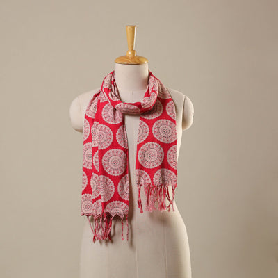 Red Block Print Cotton Sanganeri Stole with Tassels