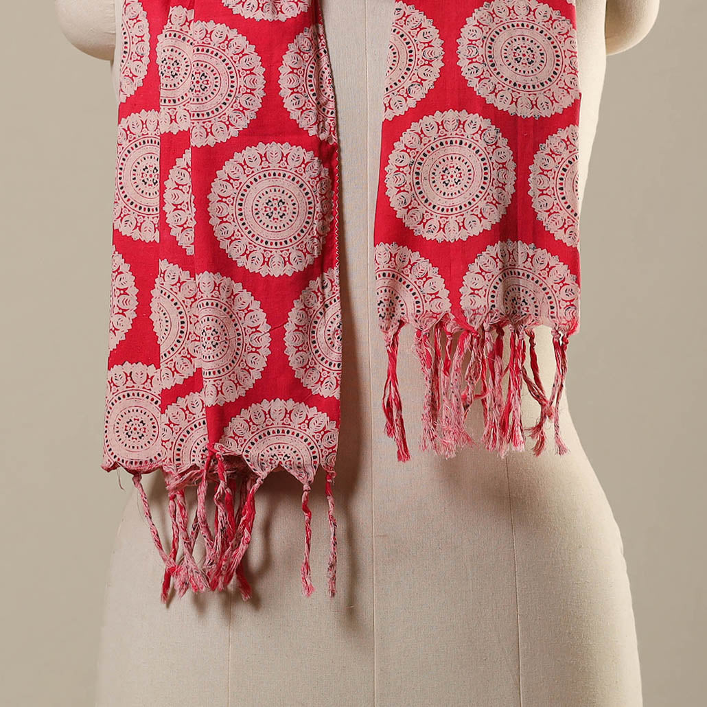 Red Block Print Cotton Sanganeri Stole with Tassels