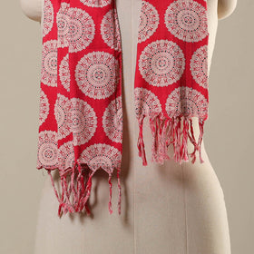 Red Block Print Cotton Sanganeri Stole with Tassels