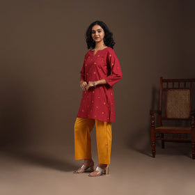 Red - cotton short jacquard kurta with hand embroidery 04