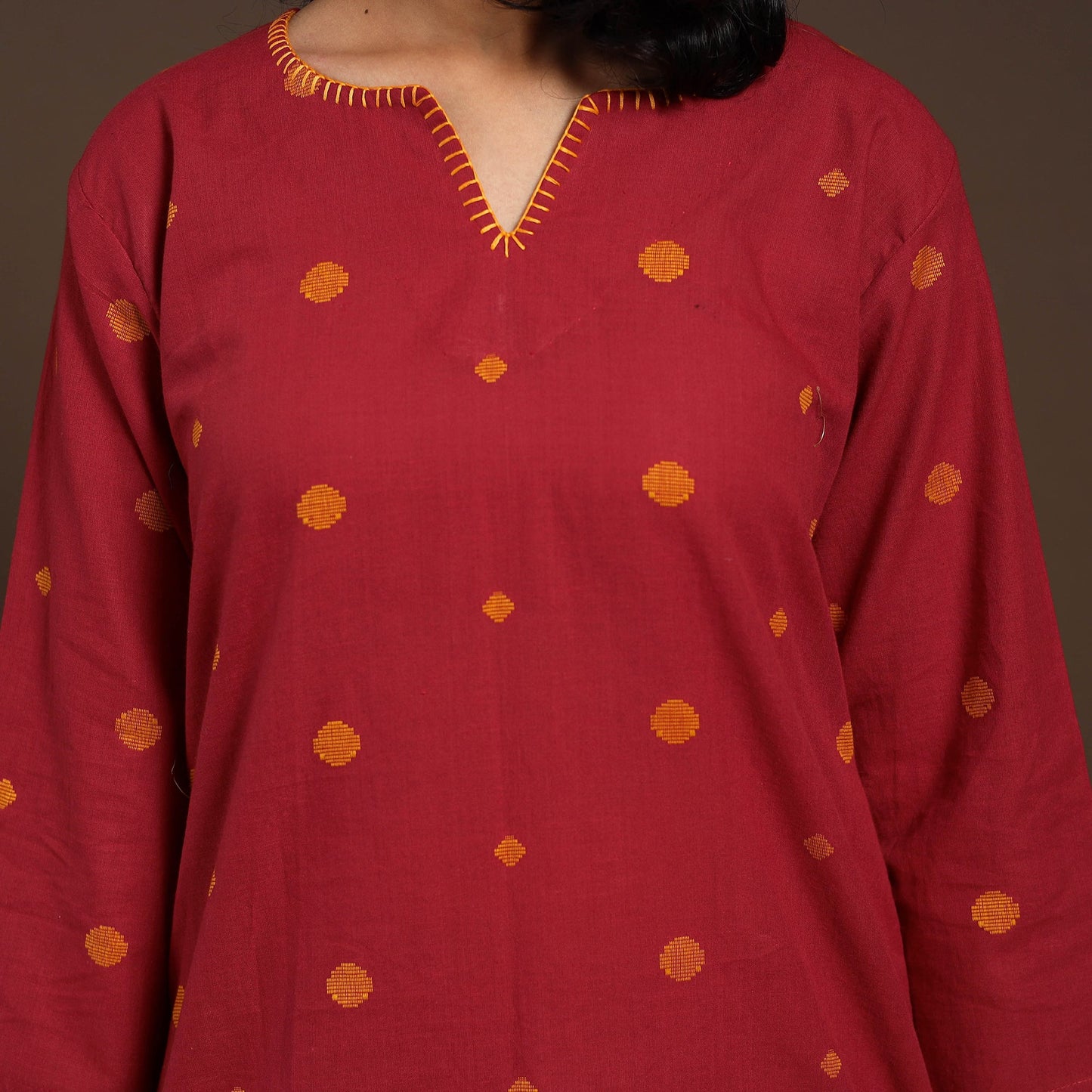 Red - cotton short jacquard kurta with hand embroidery 04