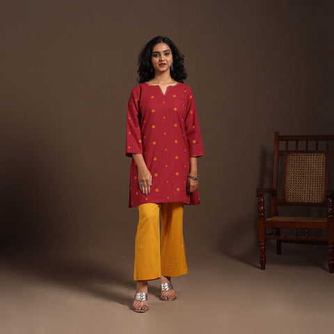Red - cotton short jacquard kurta with hand embroidery 04