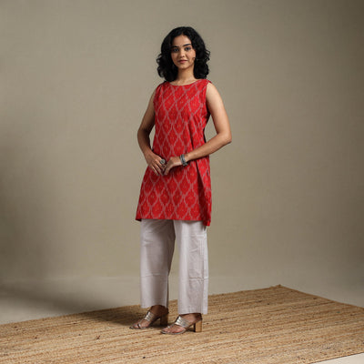 Red - cotton short pochampally ikat kurta 12 - handcrafted