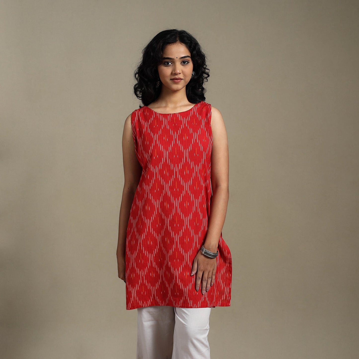 Red - cotton short pochampally ikat kurta 12 - handcrafted