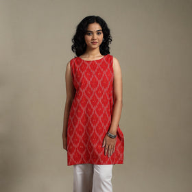 Red - cotton short pochampally ikat kurta 12 - handcrafted
