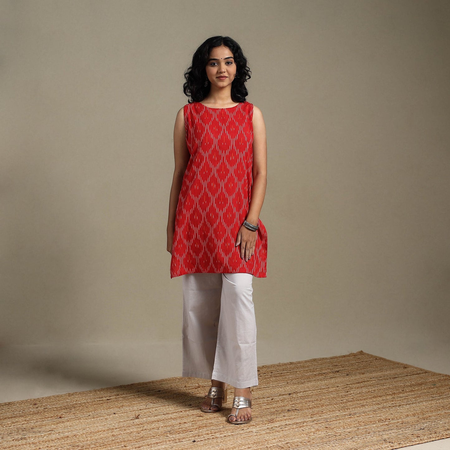 Red - cotton short pochampally ikat kurta 12 - handcrafted