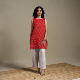 Red - cotton short pochampally ikat kurta 12 - handcrafted