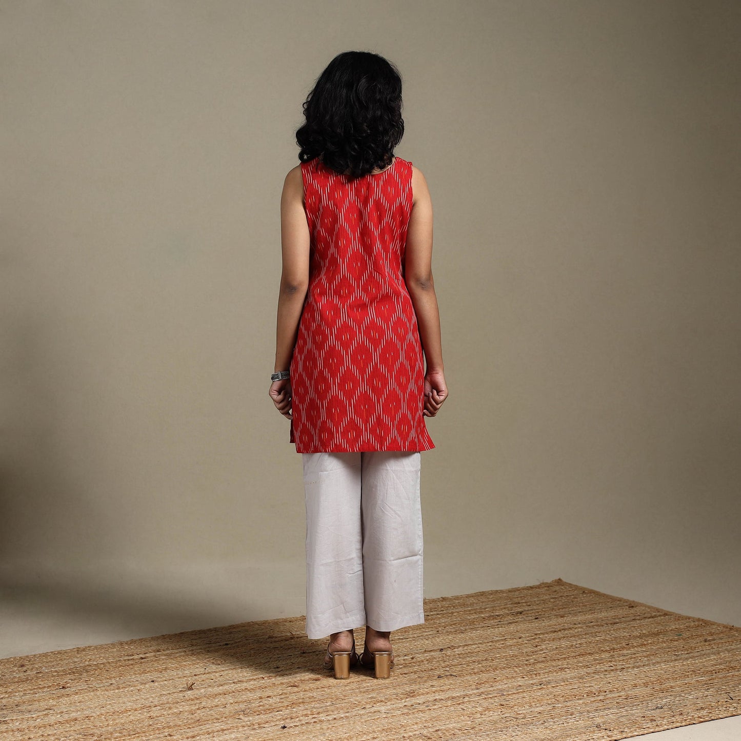 Red - cotton short pochampally ikat kurta 12 - handcrafted