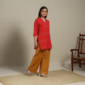 Red - cotton short pochampally ikat kurta with embroidery