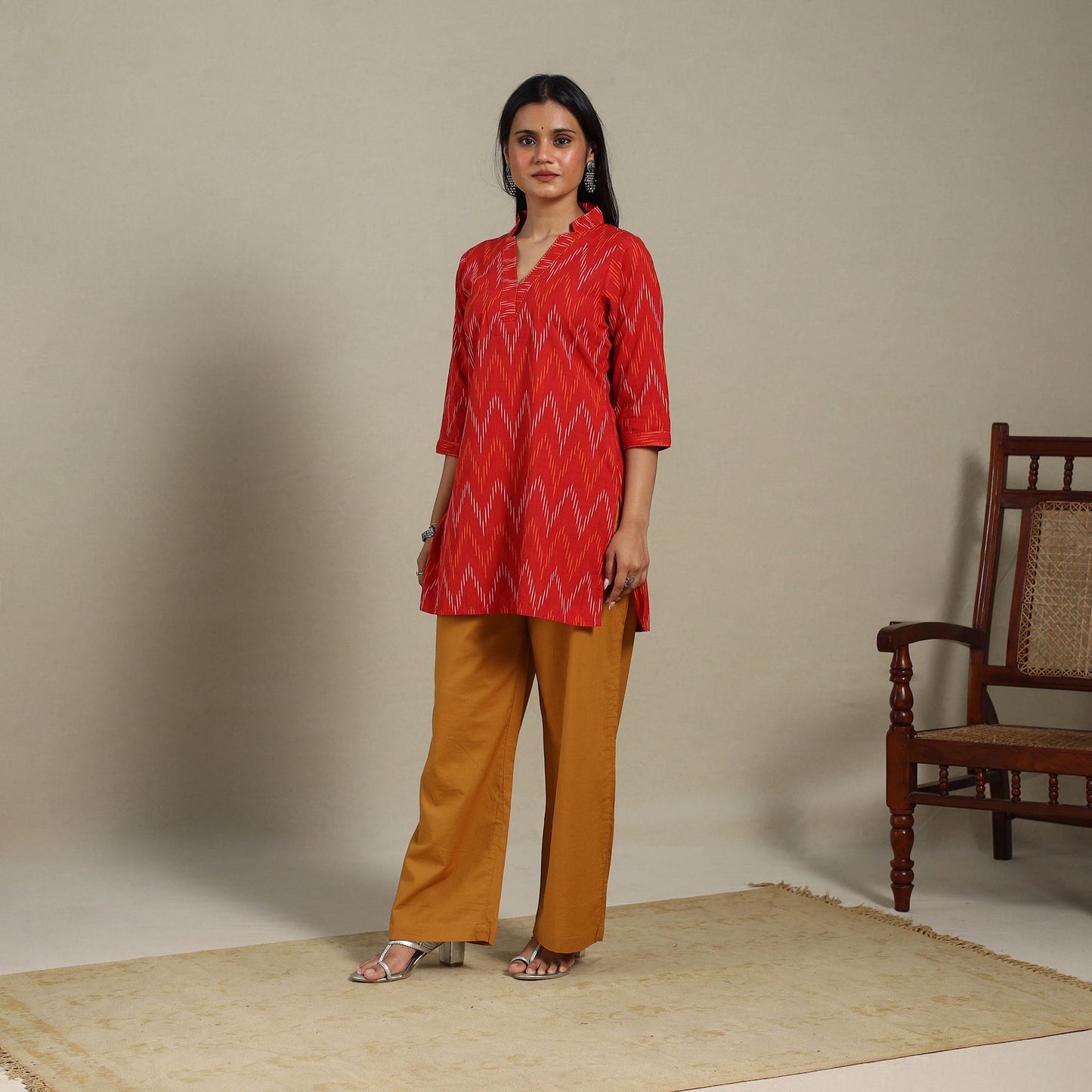 Red - cotton short pochampally ikat kurta with embroidery