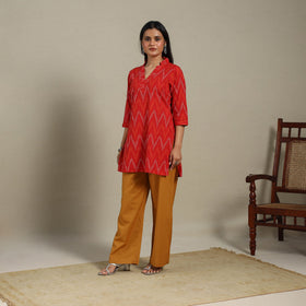 Red - cotton short pochampally ikat kurta with embroidery
