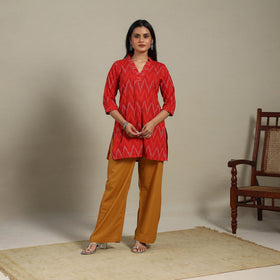 Red - cotton short pochampally ikat kurta with embroidery