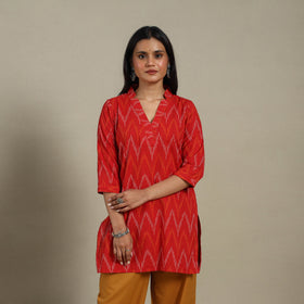 Red - cotton short pochampally ikat kurta with embroidery