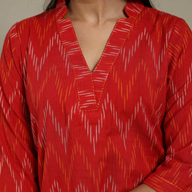Red - cotton short pochampally ikat kurta with embroidery