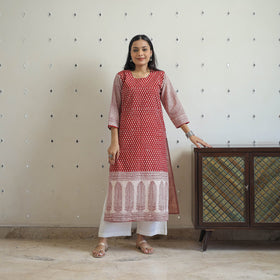 Buy Red Block Print Cotton Straight Bagh Kurta for Women