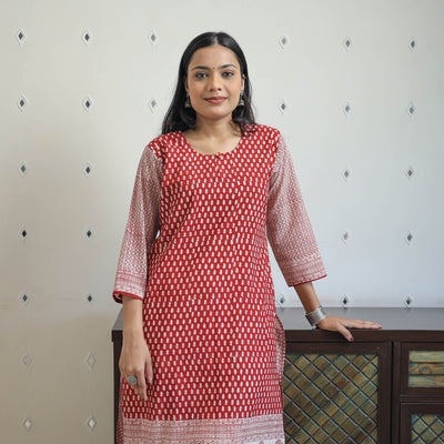 Buy Red Block Print Cotton Straight Bagh Kurta for Women