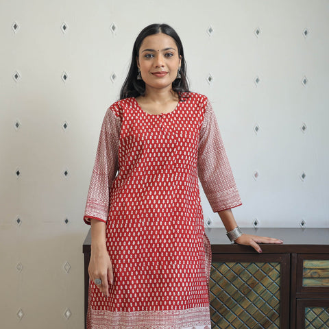 Buy Red Block Print Cotton Straight Bagh Kurta for Women