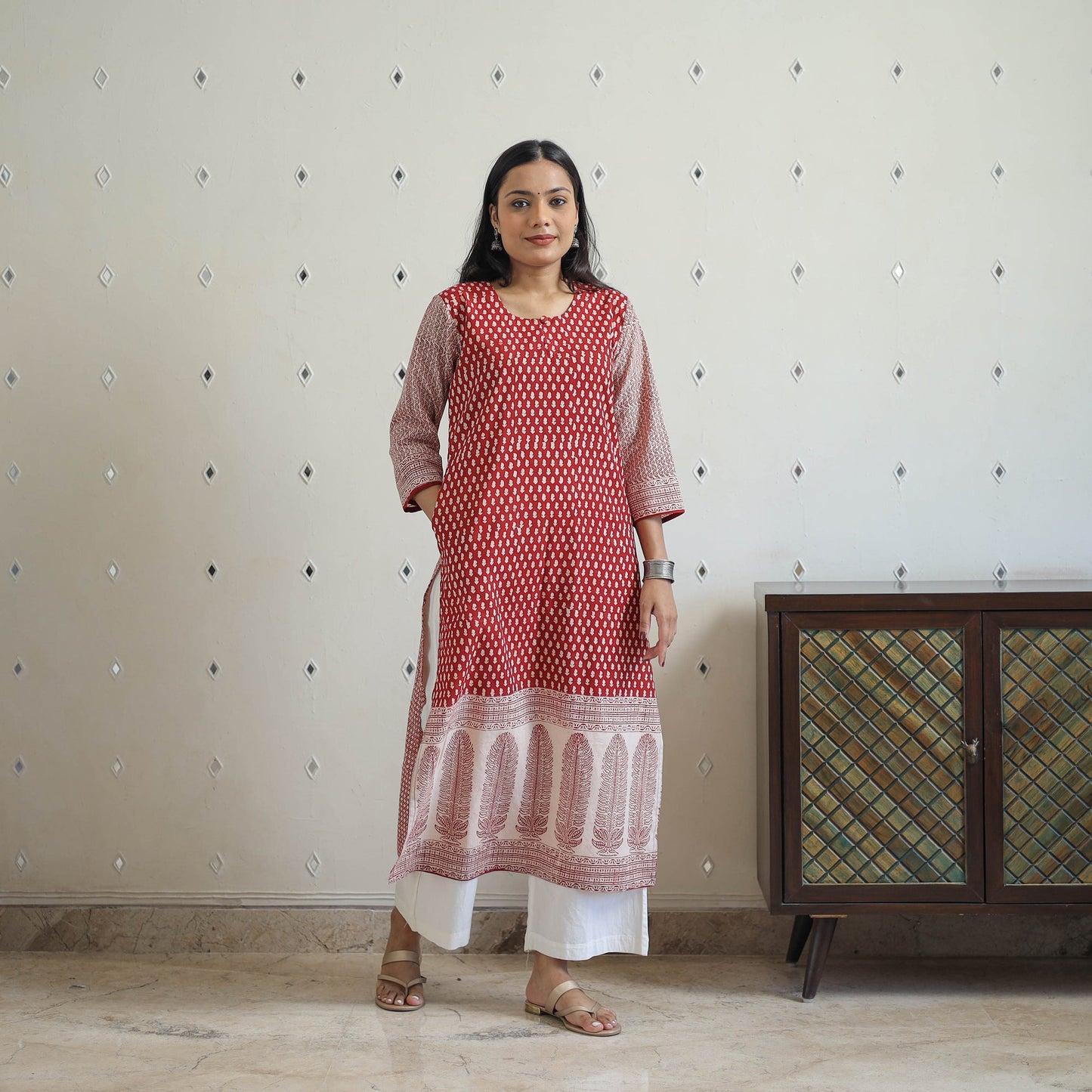 Buy Red Block Print Cotton Straight Bagh Kurta for Women