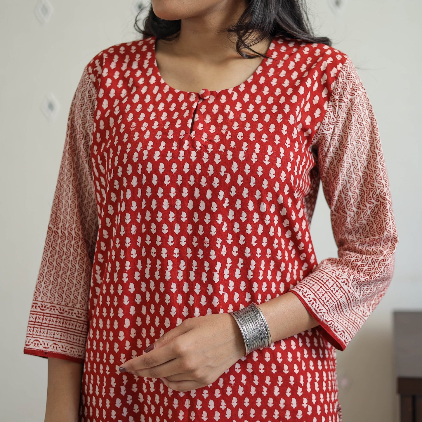 Buy Red Block Print Cotton Straight Bagh Kurta for Women