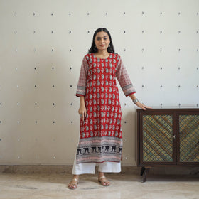  Red Block Print Cotton Straight Bagh Kurta for Women