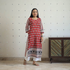  Red Block Print Cotton Straight Bagh Kurta for Women