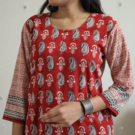  Red Block Print Cotton Straight Bagh Kurta for Women