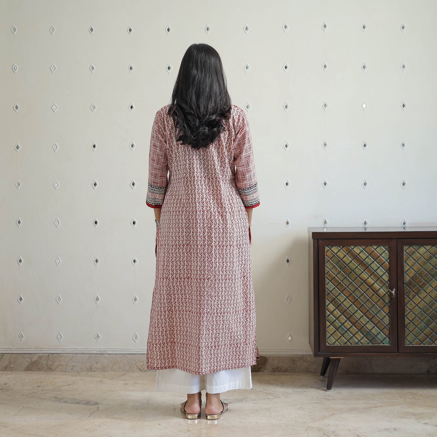  Red Block Print Cotton Straight Bagh Kurta for Women