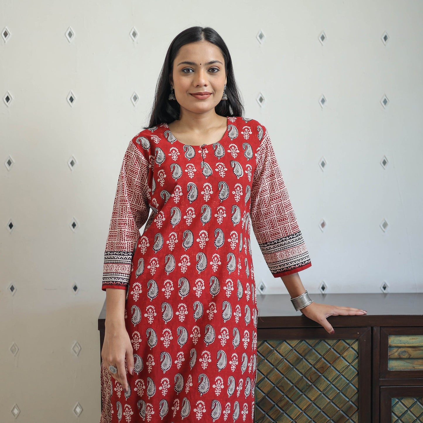  Red Block Print Cotton Straight Bagh Kurta for Women