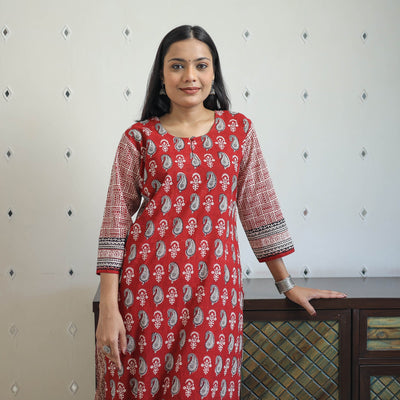  Red Block Print Cotton Straight Bagh Kurta for Women