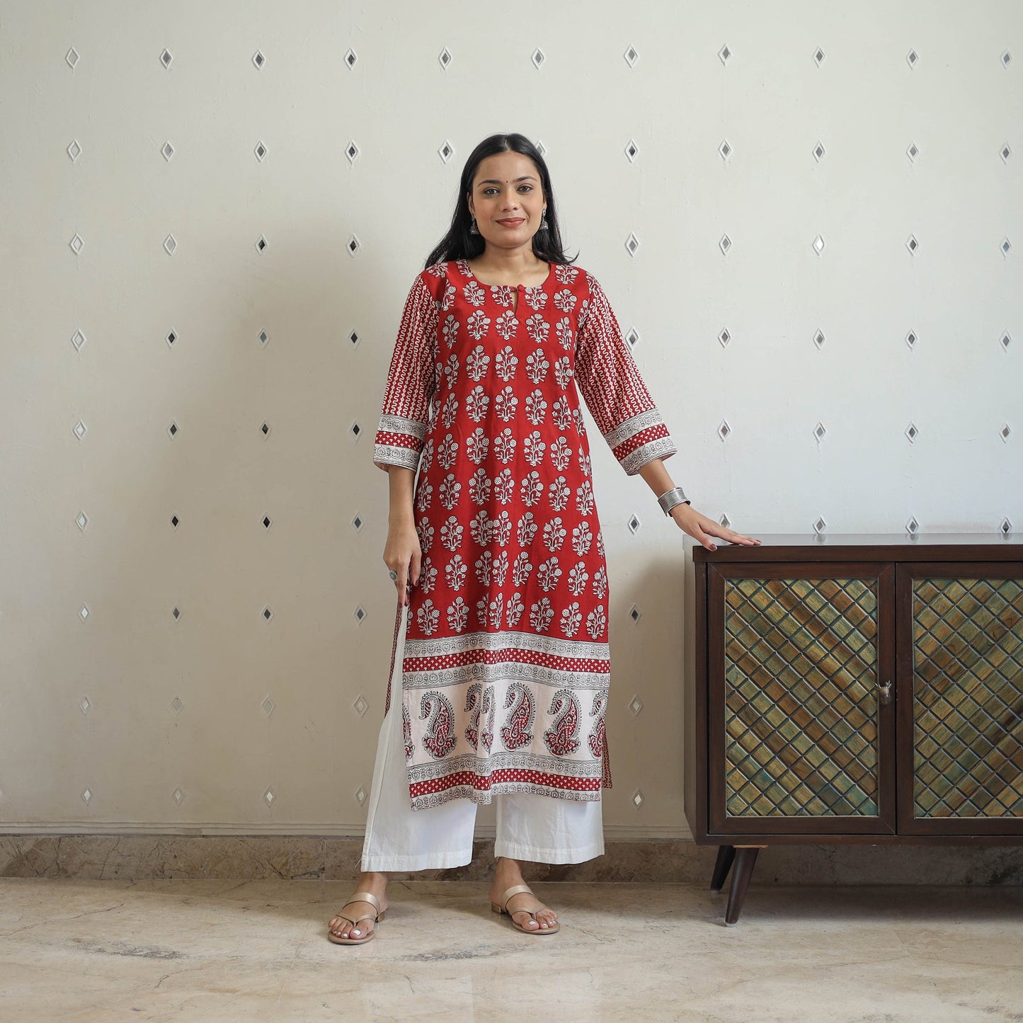 Buy Red Block Print Cotton Straight Bagh Kurta For Women