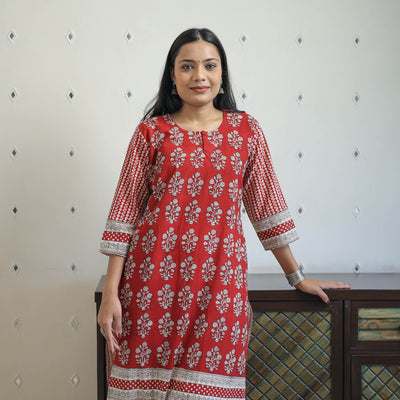 Buy Red Block Print Cotton Straight Bagh Kurta For Women
