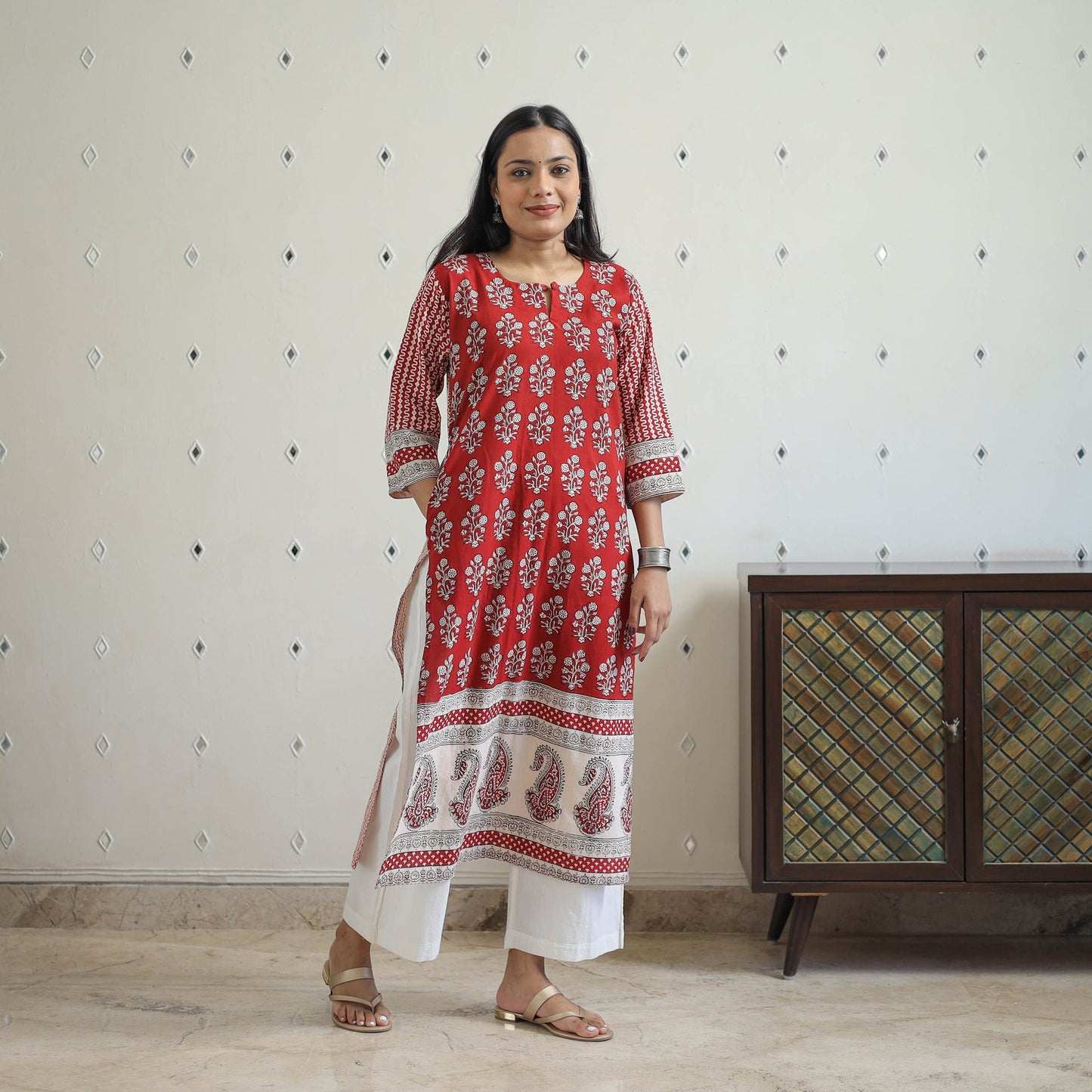 Buy Red Block Print Cotton Straight Bagh Kurta For Women