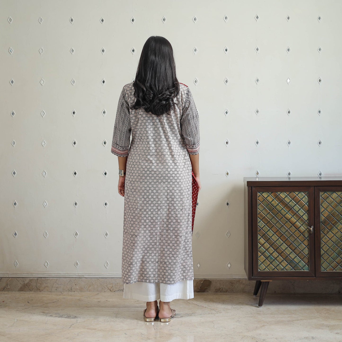  Red Block Print Cotton Straight Bagh Kurta for Women