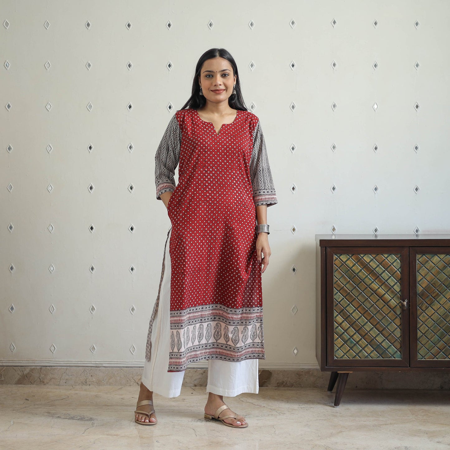  Red Block Print Cotton Straight Bagh Kurta for Women
