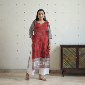  Red Block Print Cotton Straight Bagh Kurta for Women
