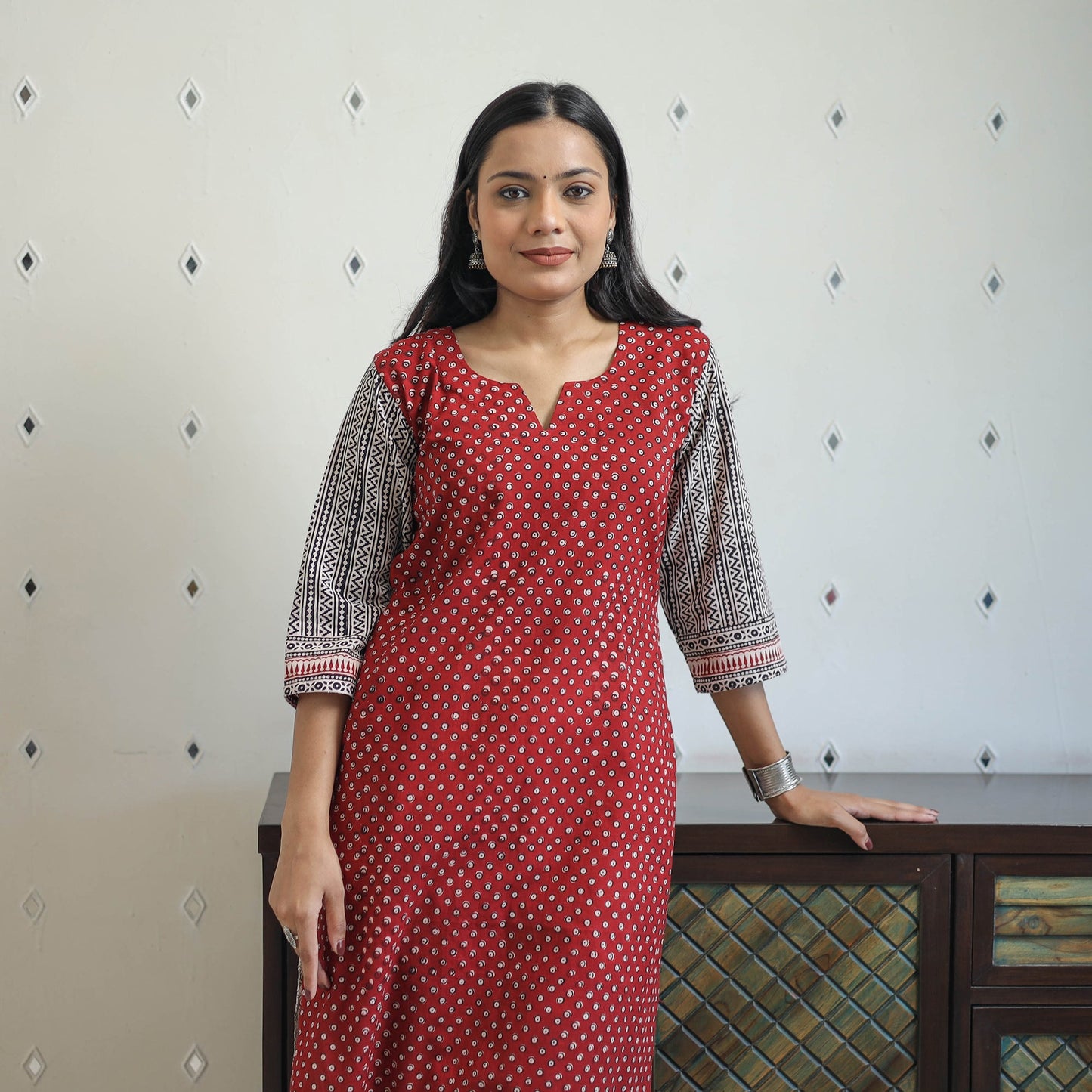  Red Block Print Cotton Straight Bagh Kurta for Women