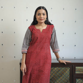  Red Block Print Cotton Straight Bagh Kurta for Women