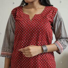  Red Block Print Cotton Straight Bagh Kurta for Women