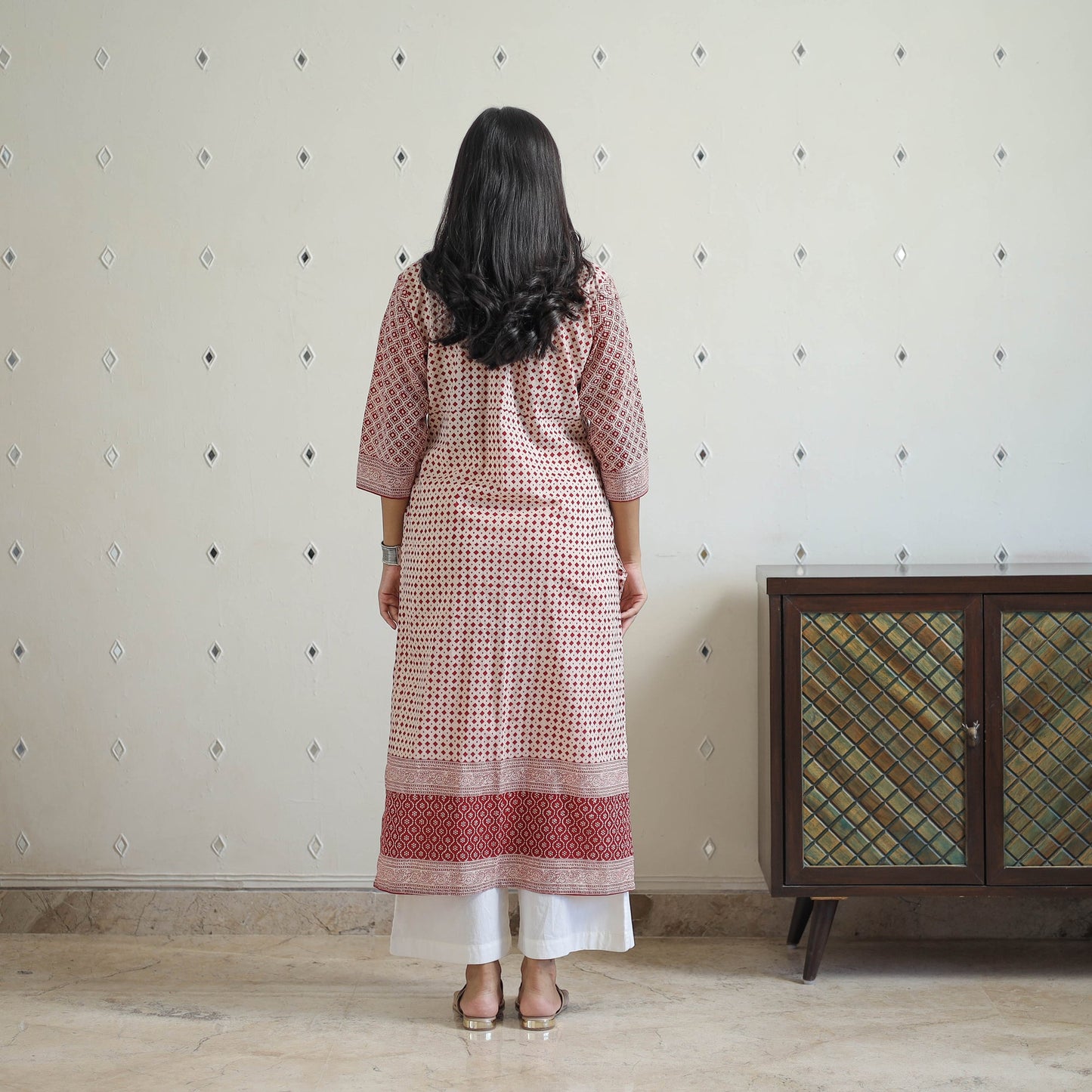  Red Block Print Cotton Straight Bagh Kurta for Women