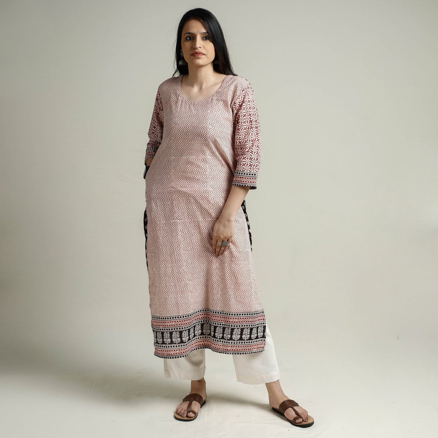 Red Block Print Cotton Straight Bagh Kurta For Women