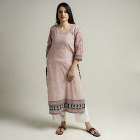Red Block Print Cotton Straight Bagh Kurta For Women