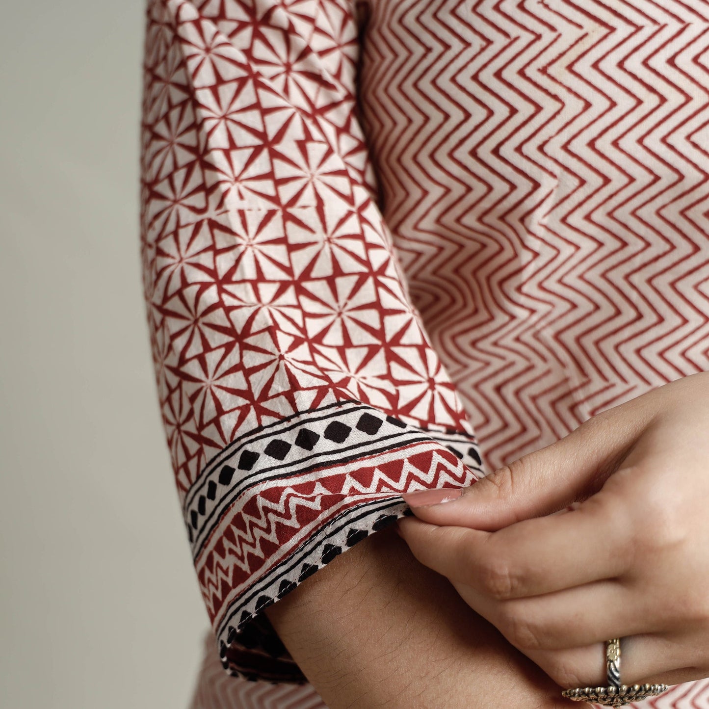 Red Block Print Cotton Straight Bagh Kurta For Women