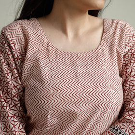 Red Block Print Cotton Straight Bagh Kurta For Women