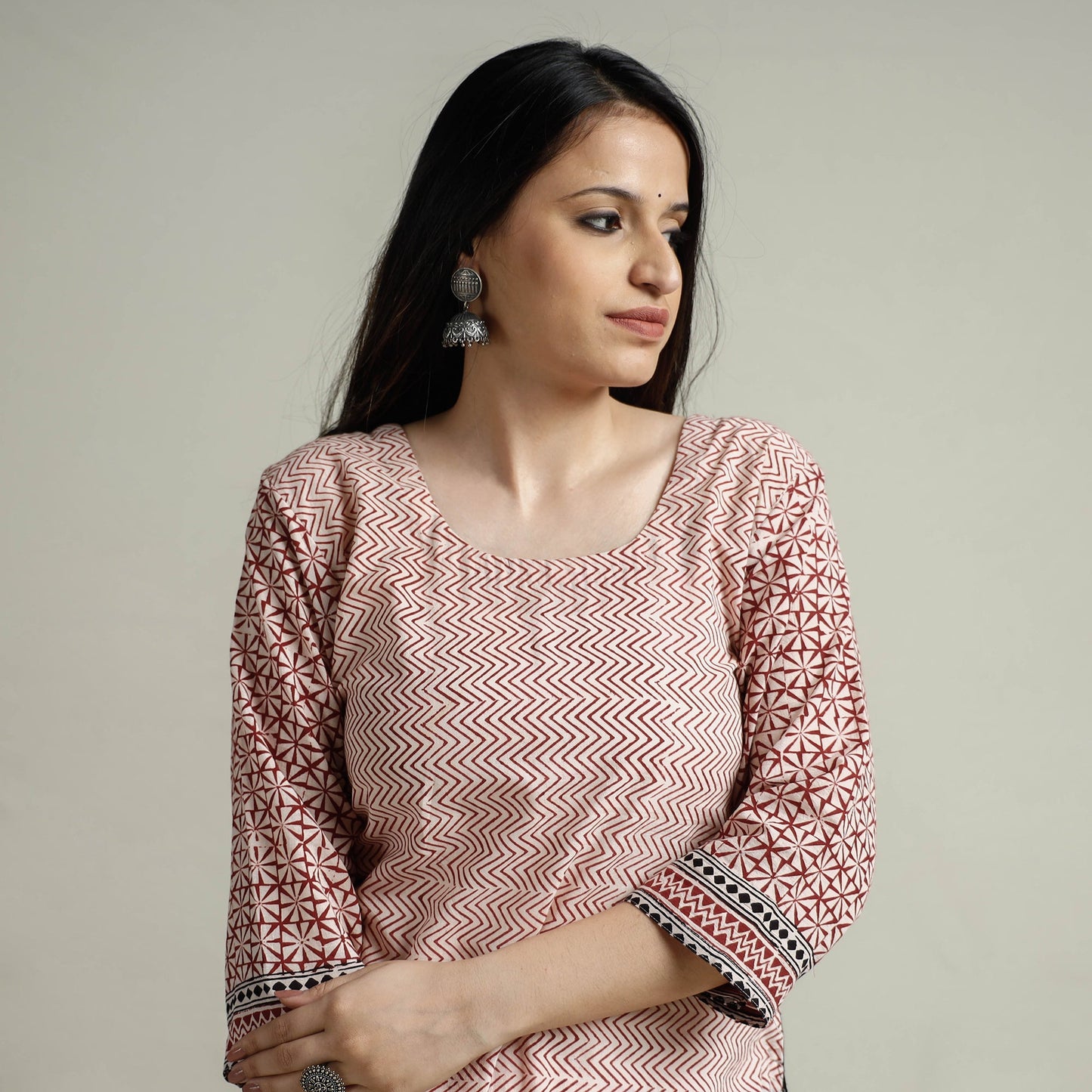 Red Block Print Cotton Straight Bagh Kurta For Women