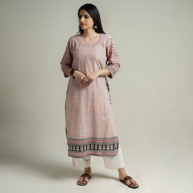 Red Block Print Cotton Straight Bagh Kurta For Women